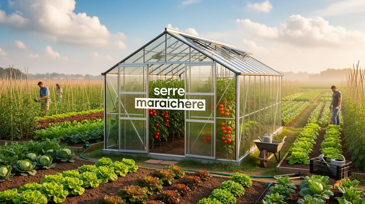 serre maraichere transparente avec legumes en plein champ