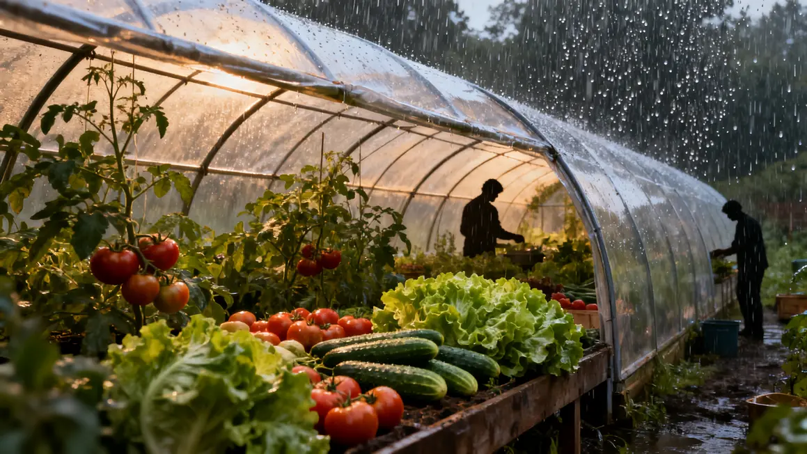 serre tunnel avec legumes tomates concombres laitues sous abri