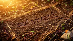 Sol vivant grumeleux vu du dessus avec vers de terre et racines