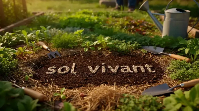 Parcelle avec sol vivant grumeleux paillé et plantes diverses