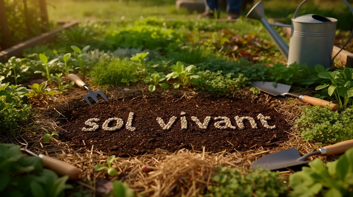 Parcelle avec sol vivant grumeleux paillé et plantes diverses