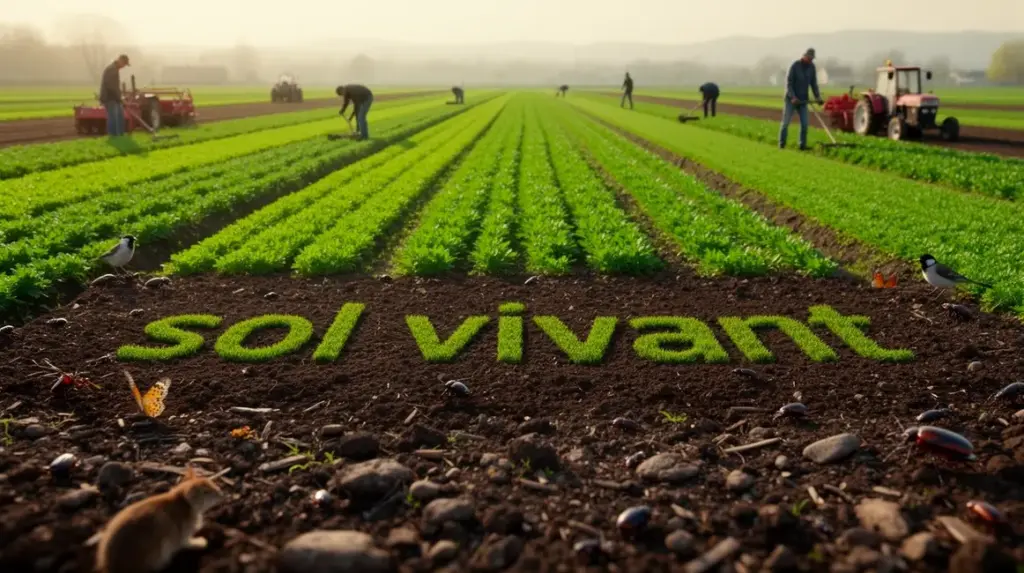 Champ fertile printemps, cultures alternées, sol vivant