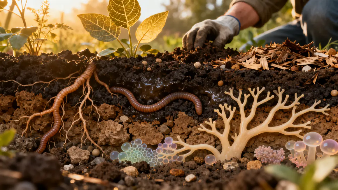 Sol vivant vue coupe racines vers champignons paillis compost