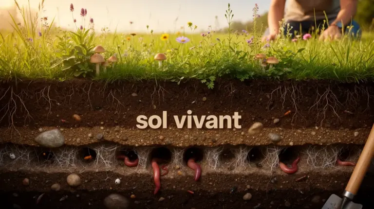 Sol vivant fertile coupe avec racines et micro-organismes