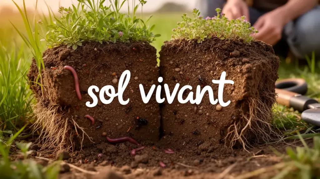 motte de sol vivant ouverte avec vers, insectes, racines, microagregats et vegetation