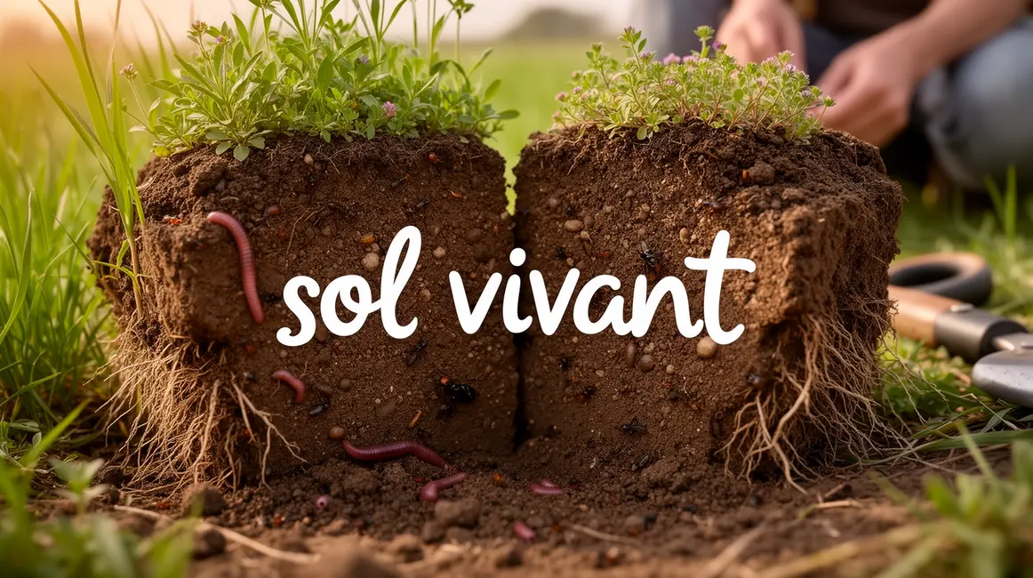motte de sol vivant ouverte avec vers, insectes, racines, microagregats et vegetation