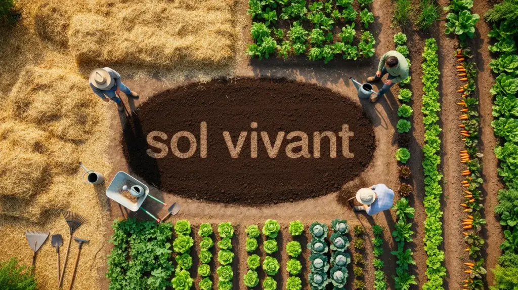 sol vivant parcelle vue dessus foin paillage legumes outils