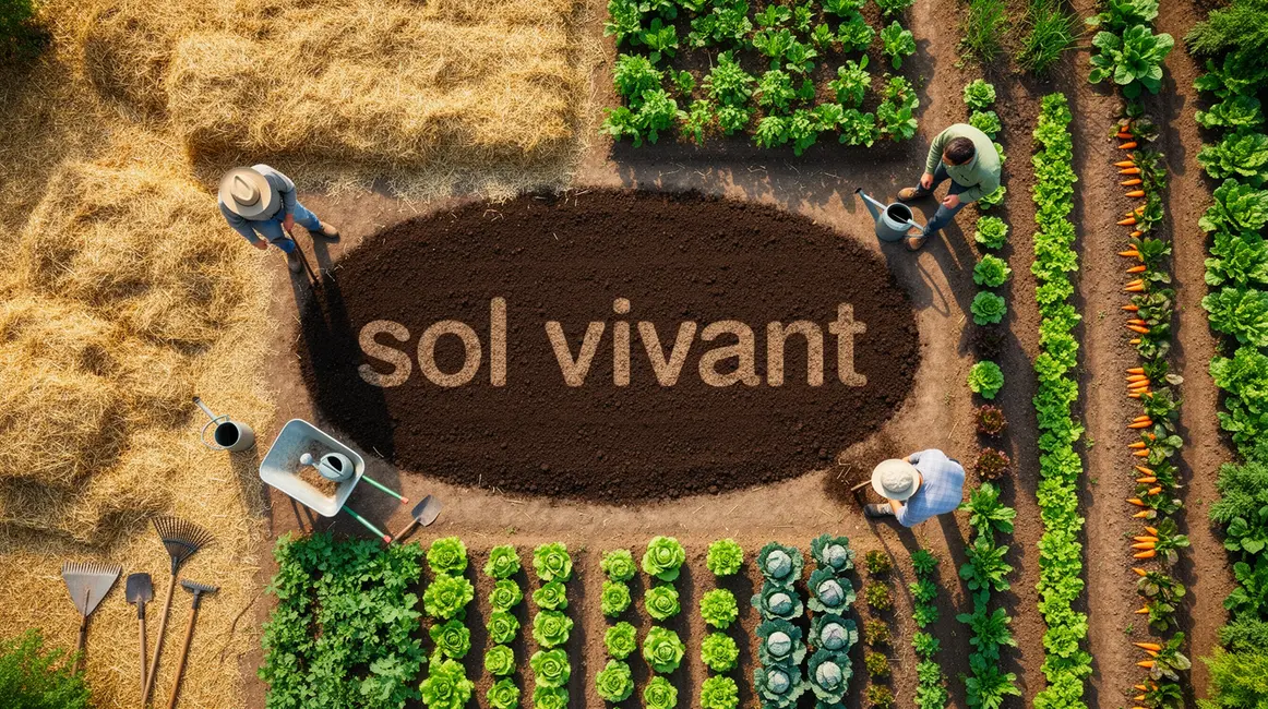 sol vivant parcelle vue dessus foin paillage legumes outils