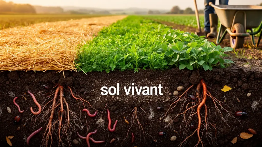 champ agricole sol vivant zones couvertes faune visible