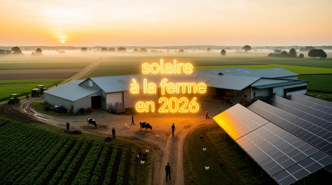 Vue exploitation agricole moderne avec panneaux solaires, solaire a la ferme 2026