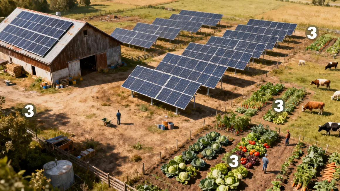 Photo exploitation agricole 3 zones panneaux solaires