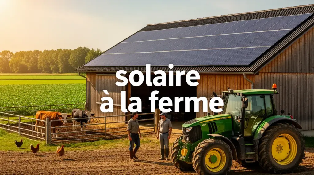 Ferme moderne avec panneaux solaires sur grange et tracteur