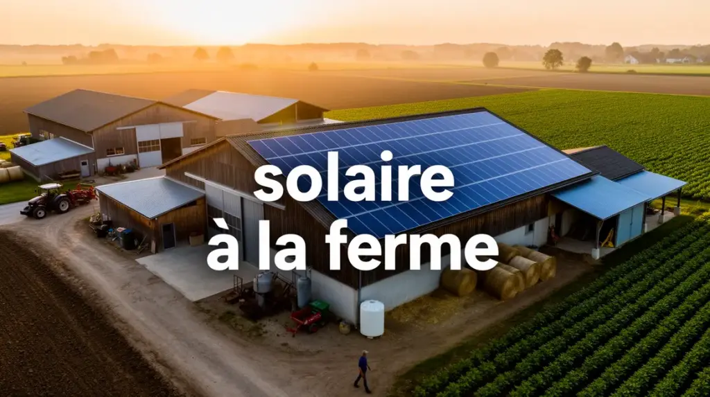 Ferme moderne avec champs et panneaux solaires sur toiture au coucher du soleil