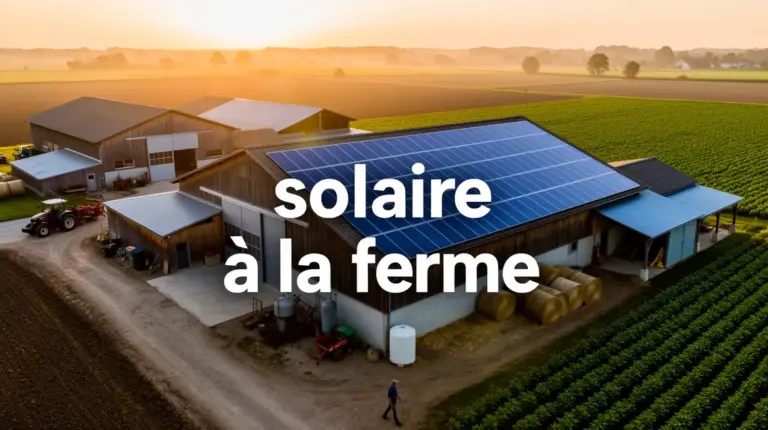 Ferme moderne avec champs et panneaux solaires sur toiture au coucher du soleil