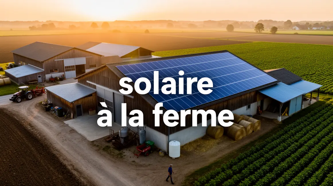 Ferme moderne avec champs et panneaux solaires sur toiture au coucher du soleil