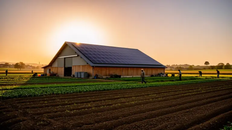 ferme avec panneaux solaires et agriculteurs