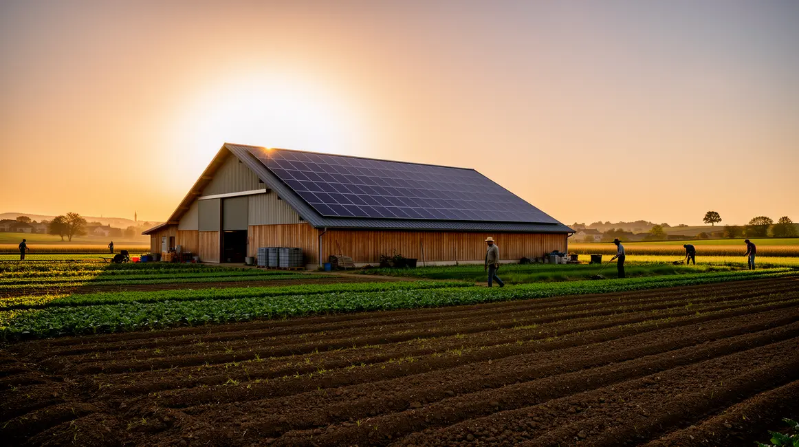 ferme avec panneaux solaires et agriculteurs