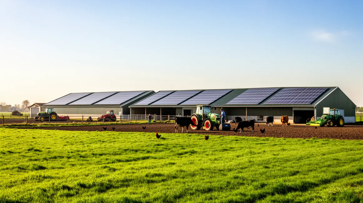 Ferme avec panneaux solaires sur toit champs verts