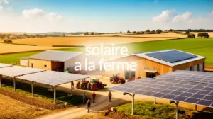 Ferme moderne avec panneaux solaires sur toiture, au sol et ombrières