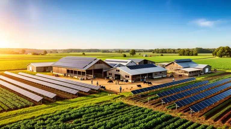 Ferme moderne avec panneaux solaires sur toits et champs