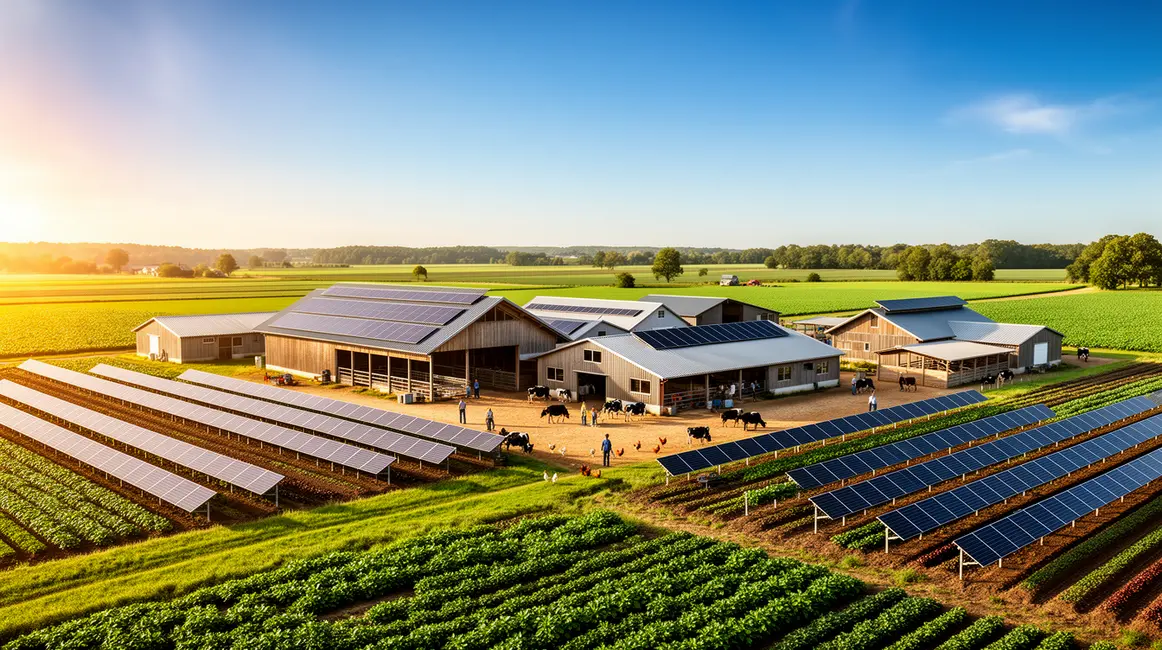 Ferme moderne avec panneaux solaires sur toits et champs