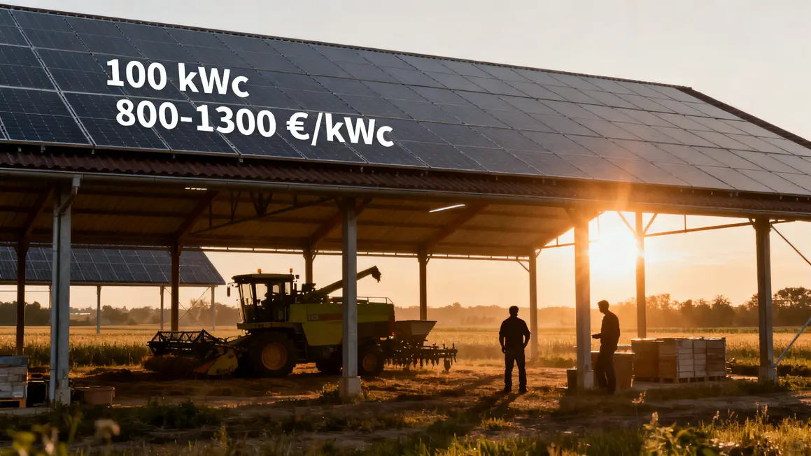 Grands hangars agricoles et machines avec panneaux solaires 100 kWc