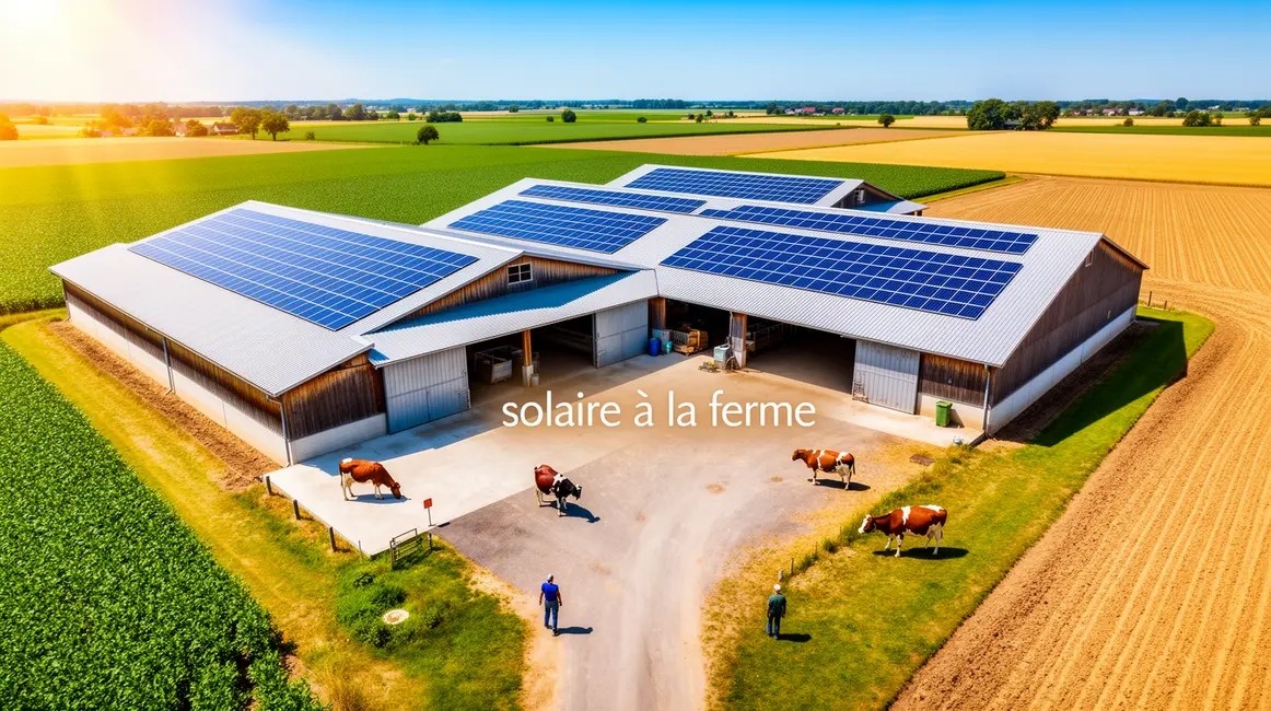 Ferme moderne avec panneaux solaires sur toitures et champs