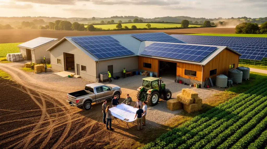 Ferme agricole moderne avec panneaux solaires sur toiture et parc au sol
