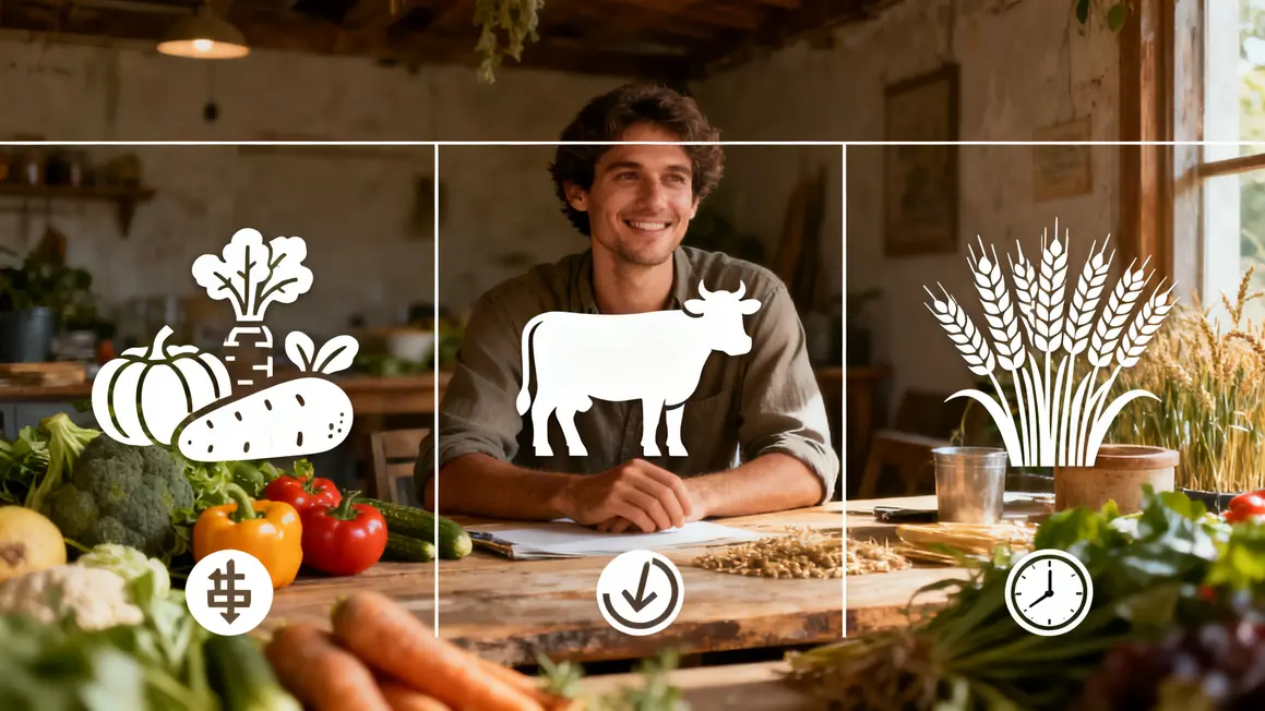 Tableau icônes légumes vache blé pour choisir agriculture