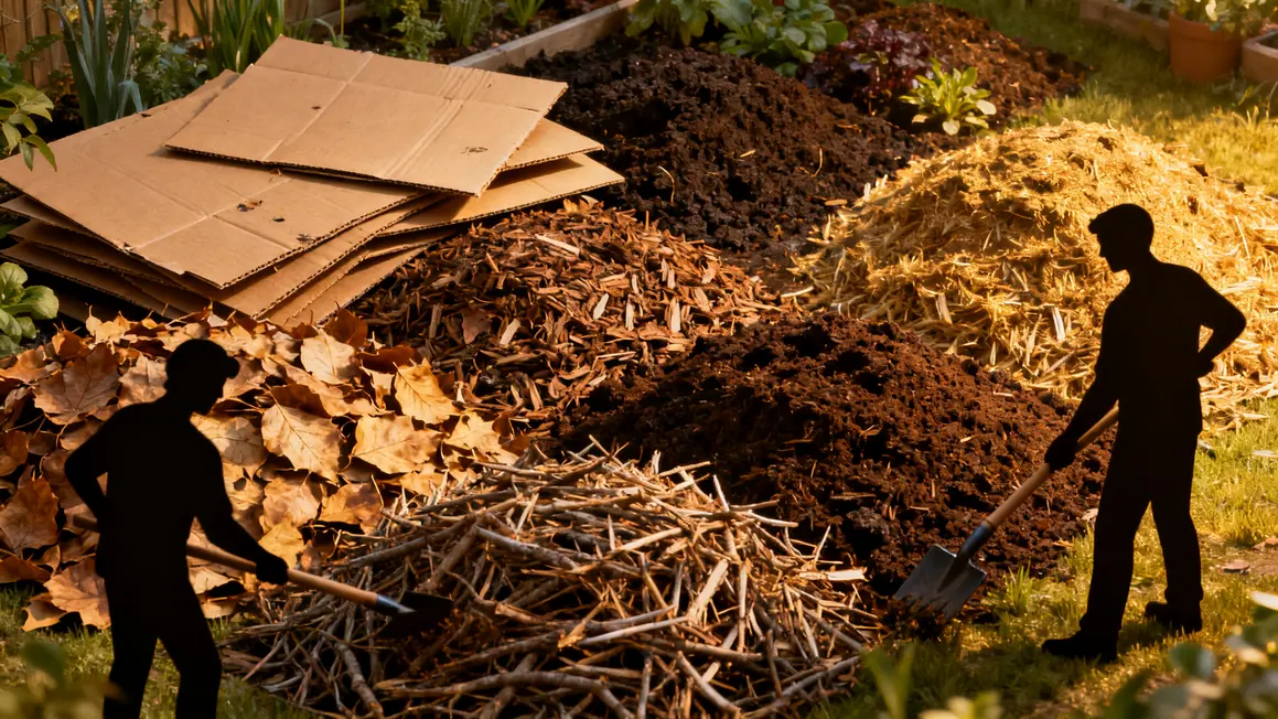 Jardin sol vivant carton paillage compost broyat feuilles mortes