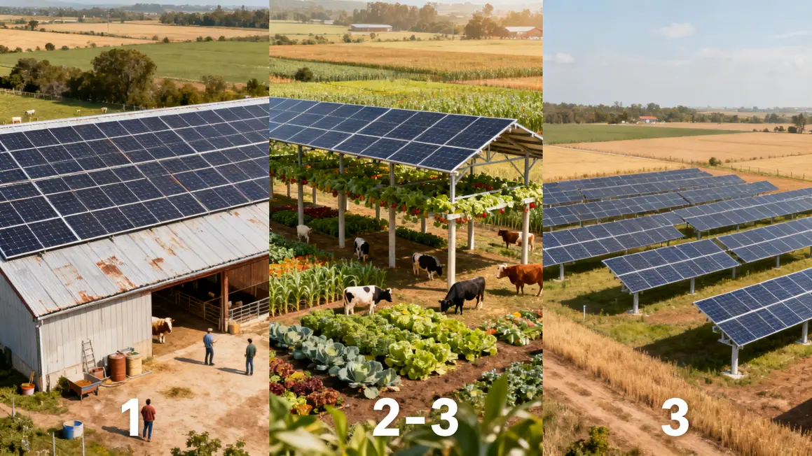 Trois options solaire à la ferme : toiture, agrivoltaïsme, parc au sol