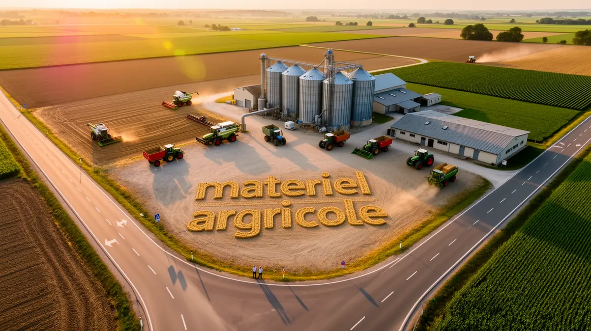 Vue aérienne de machines et matériel agricole moderne sur exploitation