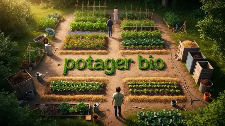 potager bio photo réaliste avec légumes, compost, fleurs, arrosoirs, en pleine nature