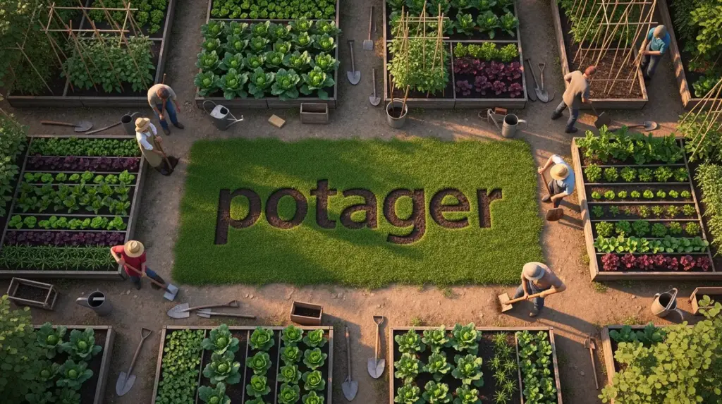 Vue aérienne potager diversifié avec outils et jardiniers stylisés