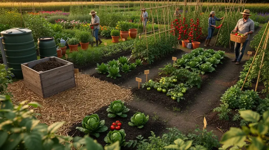 Photo réaliste de potager bio avec compost, paillage, plantes variées, jardiniers, potager bio écrit en fond