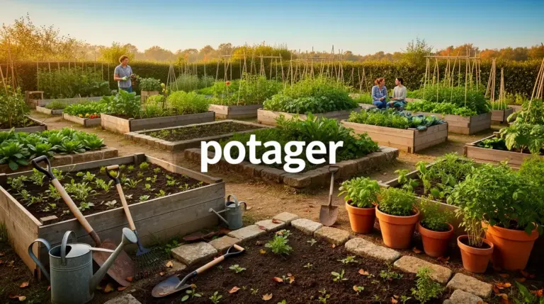 Image potager complet pleine terre bacs carres pots outils ciel