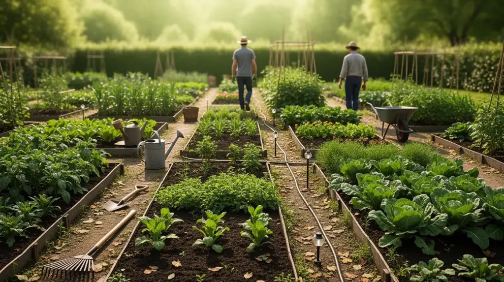 Vue réaliste d’un potager bio avec blocs de cultures et système d’arrosage
