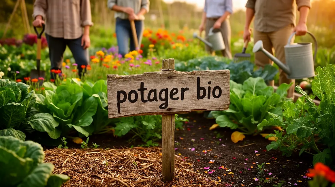 Potager bio divers légumes et fleurs, pancarte centre