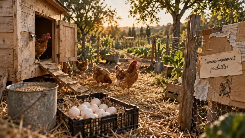 elevage poules pondeuses : poulailler et poules brunes dans un jardin, dimensionnement