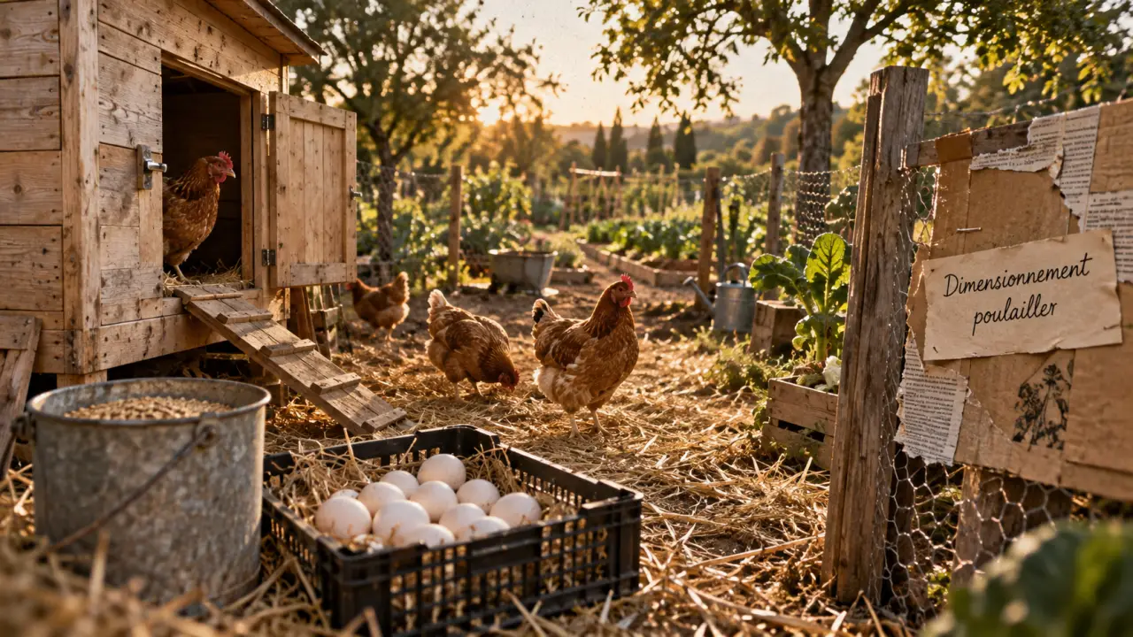 elevage poules pondeuses : poulailler et poules brunes dans un jardin, dimensionnement