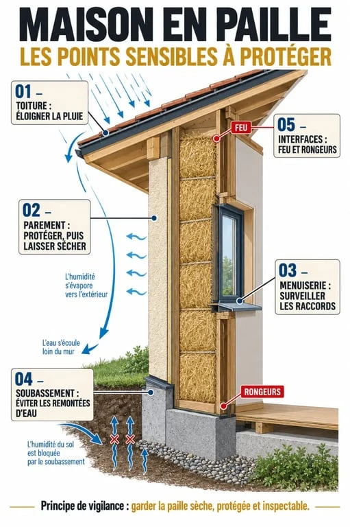 Infographie des inconvénients d’une maison en paille et des protections contre l’humidité, le feu et les rongeurs