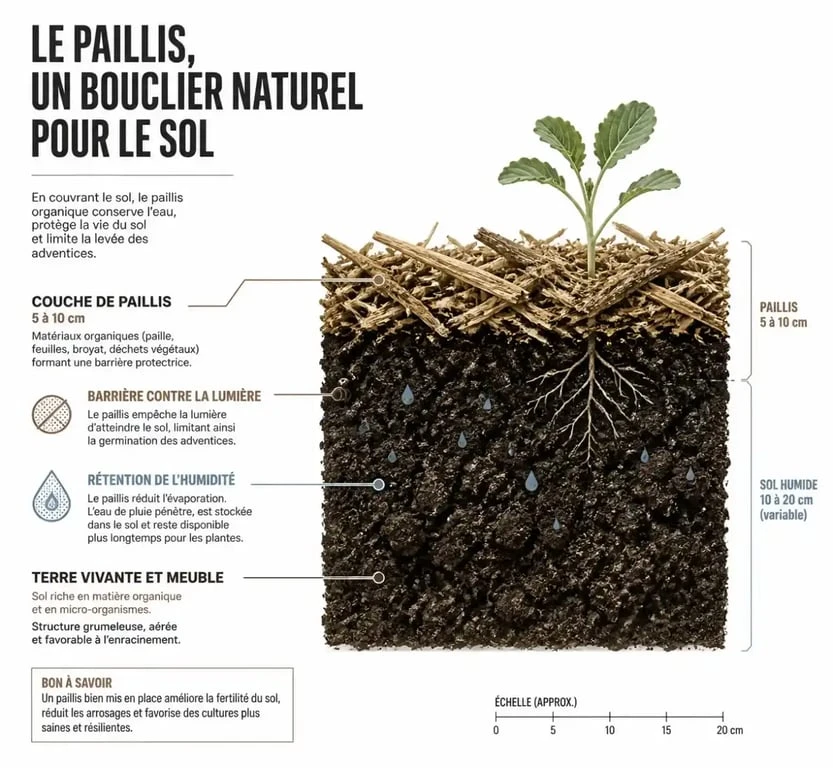 Coupe de sol illustrant le paillage potager et ses couches protectrices