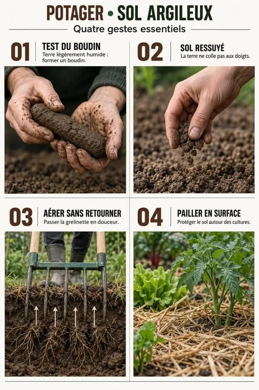 Gestes essentiels pour préparer une terre argileuse au potager : test du boudin, grelinette et paillage