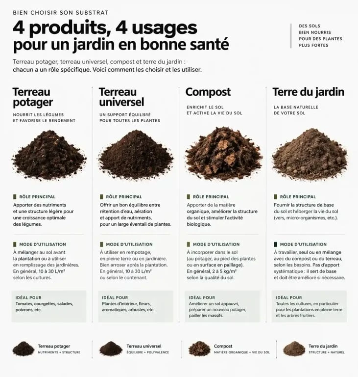 Infographie comparant le terreau potager, le terreau universel, le compost et la terre du jardin