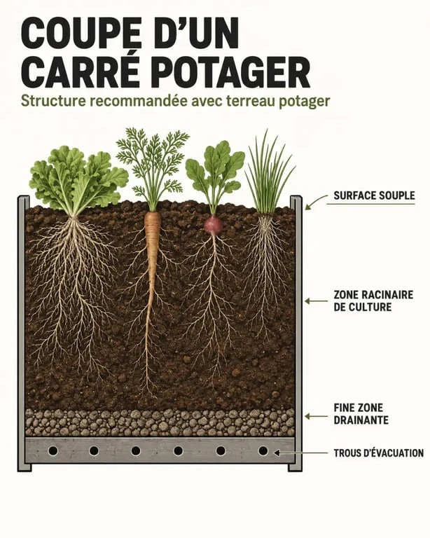 Schéma en coupe d’un carré potager avec terreau potager, drainage et zone racinaire