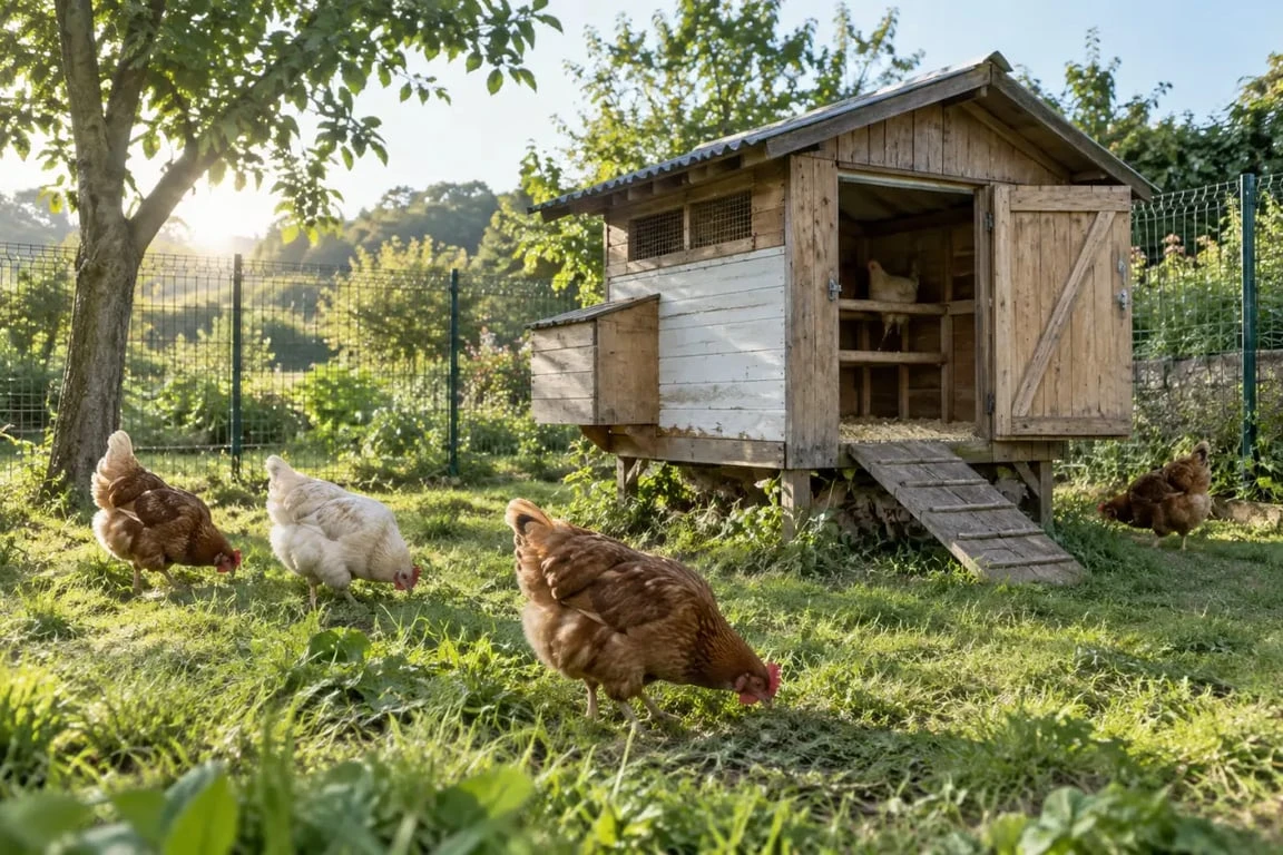 Poulailler familial avec poules pondeuses dans un jardin