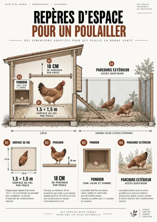 Infographie élevage poules pondeuses : repères d'espace et de surface du poulailler