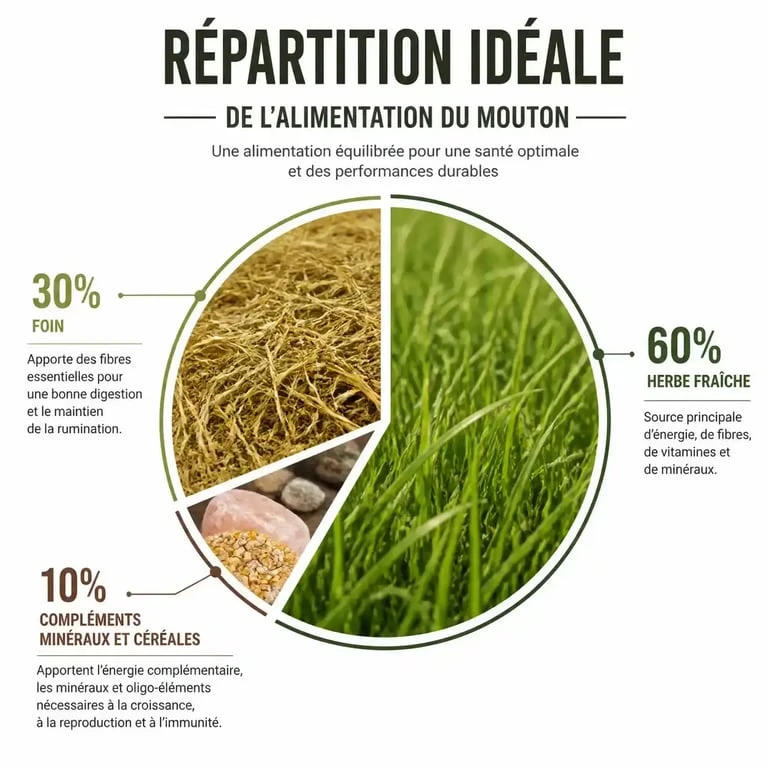 Répartition de l'alimentation du mouton : herbe, foin et compléments