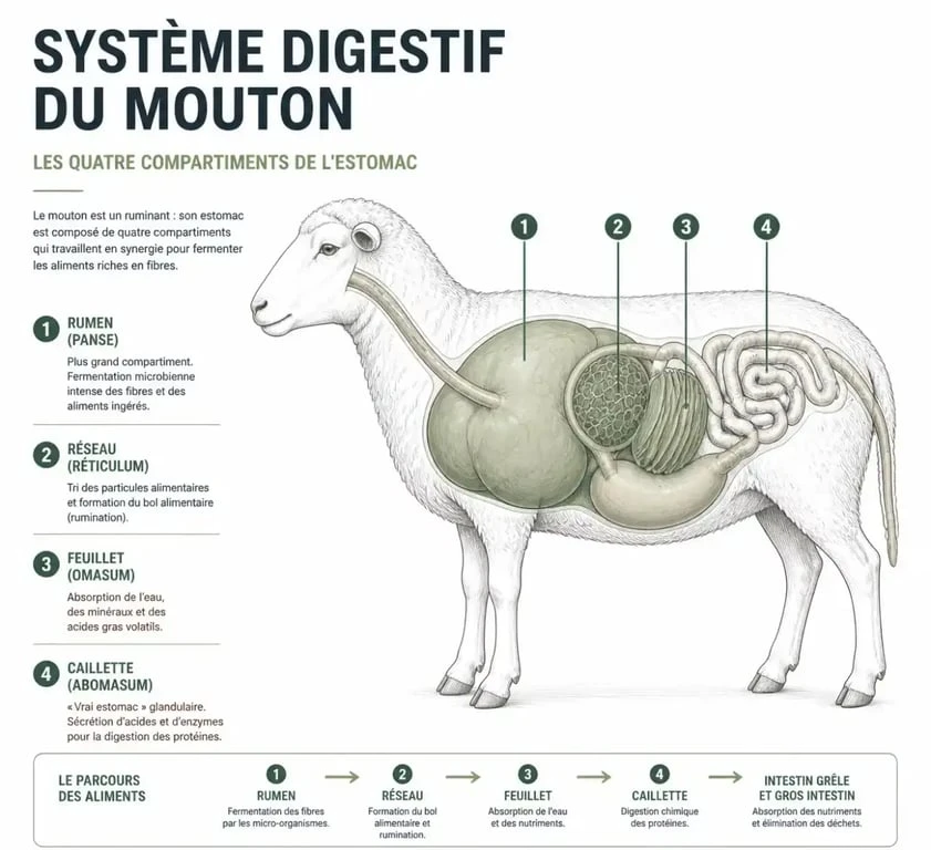 Schéma du système digestif du mouton pour comprendre l'alimentation du mouton