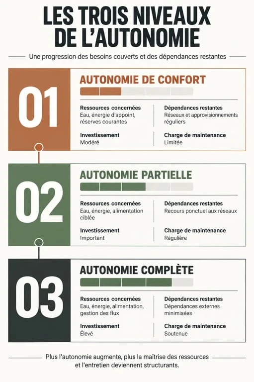 Infographie des niveaux pour vivre en autonomie, de l’autonomie de confort à l’autonomie complète